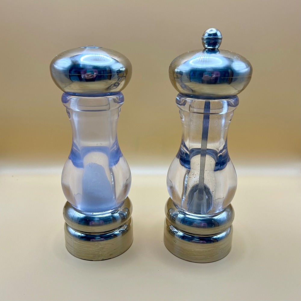 VTG Olde Thompson 7" Salt Shaker and Pepper Mill Set Clear Acrylic Silver Tone